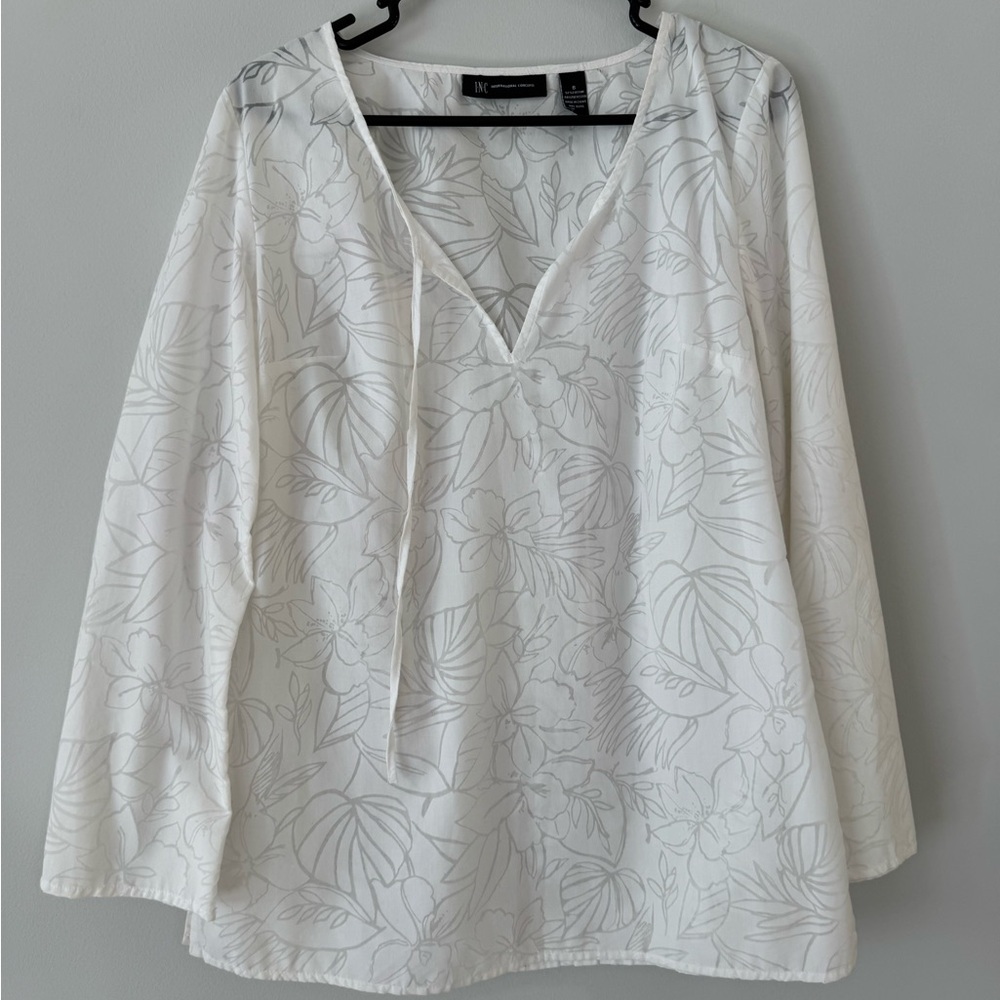 INC International Concepts White Floral V-Neck Tie-Front Tunic